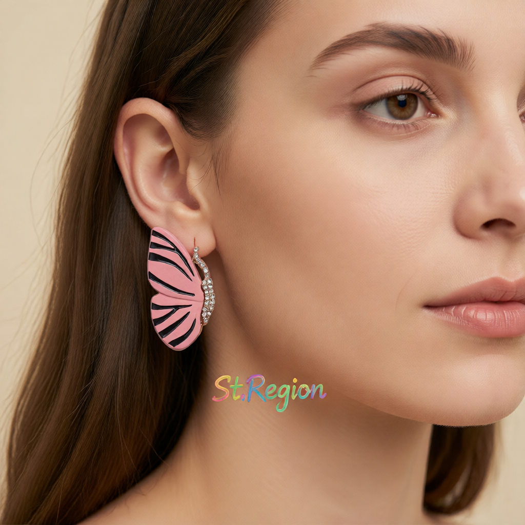Pink Enamel & Cubic Zirconia Butterfly Stud Earrings