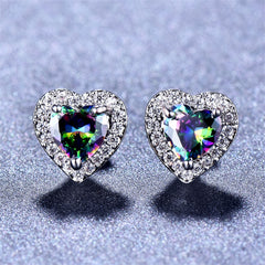 Colored Crystal & Cubic Zirconia Silver-Plated Halo Heart Stud Earrings