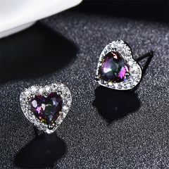 Colored Crystal & Cubic Zirconia Silver-Plated Halo Heart Stud Earrings
