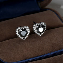 Black Crystal & Cubic Zirconia Silver-Plated Halo Heart Stud Earrings