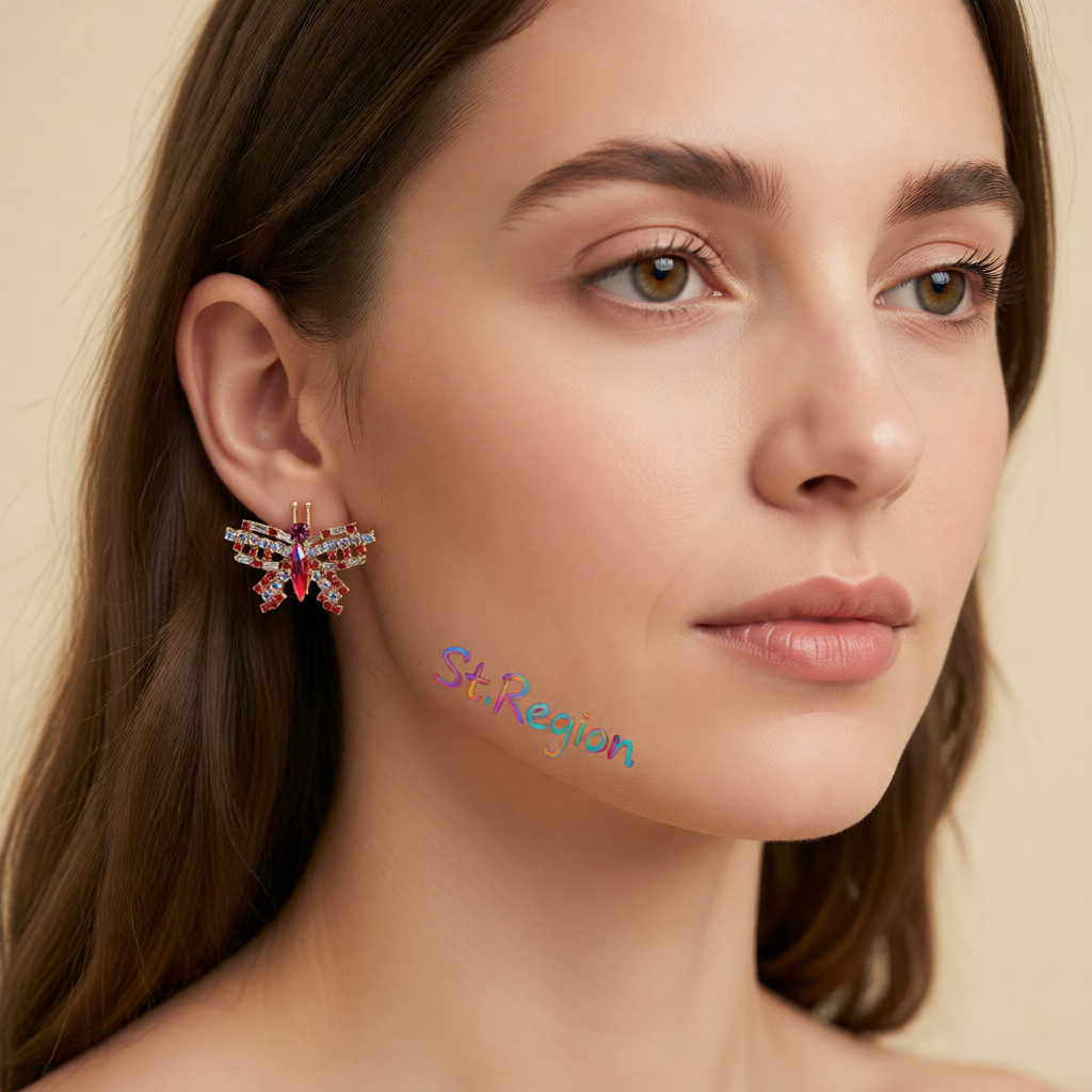 Red Crystal & Cubic Zirconia Butterfly Stud Earrings