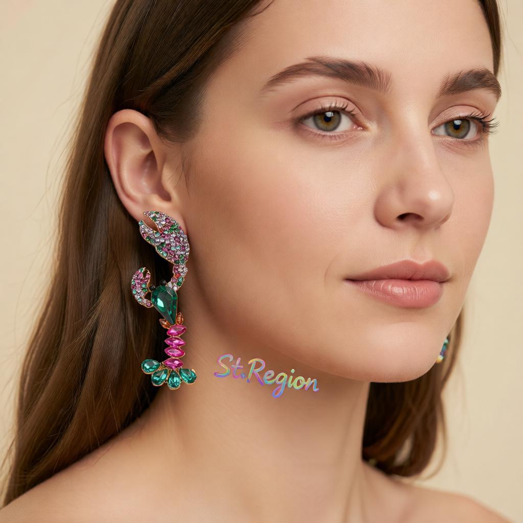 Green Crystal and Cubic Zirconia Lobster Drop Earrings, drop earrings for women, botanical inspired, styled look