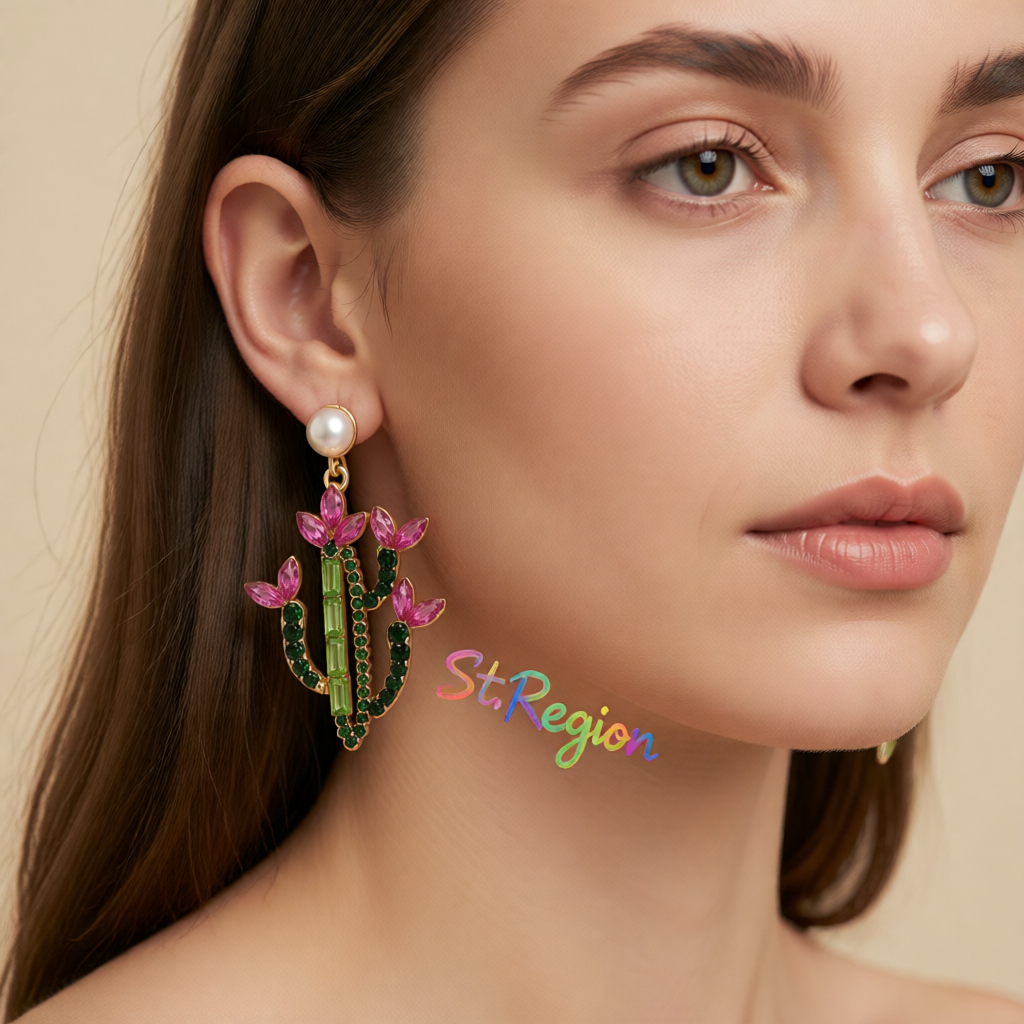 Pink Crystal & Cubic Zirconia Cactus Drop Earrings
