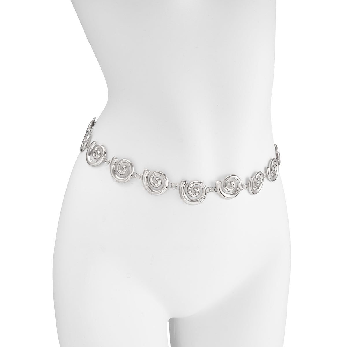 Silvertone Swirl Charm Waist Chain, dainty minimalist design, detail close-up