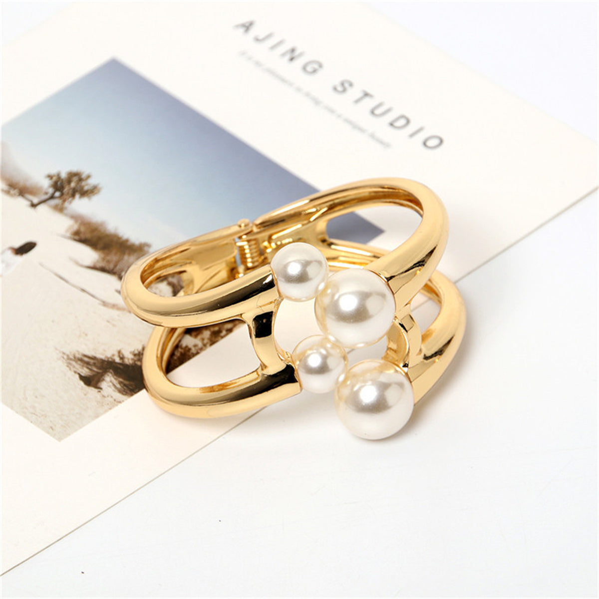 Pearl and 18K Gold-Plated Layered Hinge Bangle, gold bangle bracelet, elegant gift for her, detail close-up