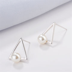 Pearl & Silver-Plated Hollow-Triangle Stud Earrings