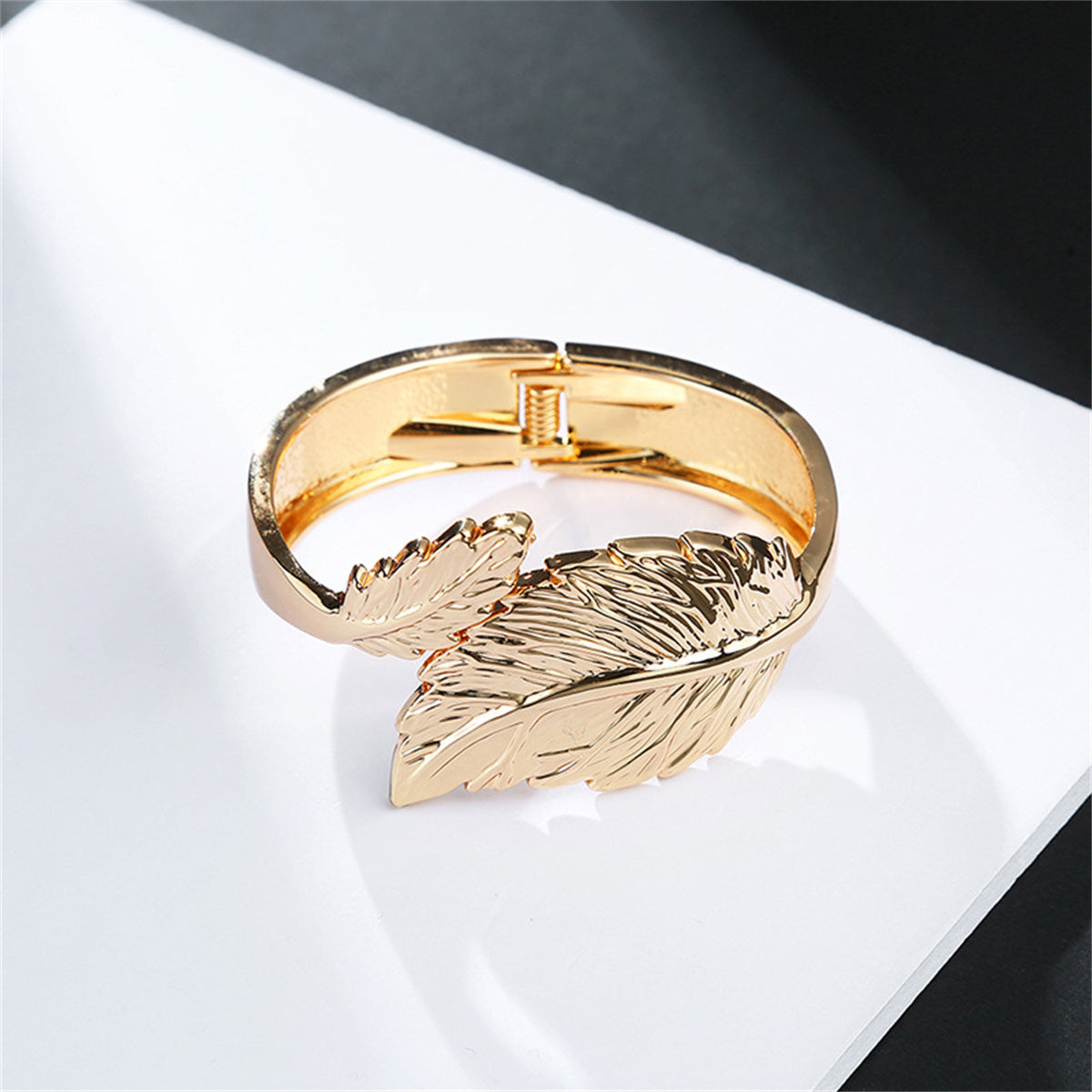 18K Gold-Plated Leaf Bypass Hinge Bangle, gold bangle bracelet, elegant gift for her, lifestyle look