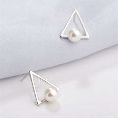 Pearl & Silver-Plated Hollow-Triangle Stud Earrings