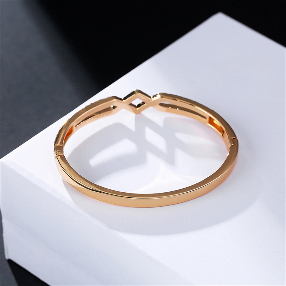 Cubic Zirconia and 18K Gold-Plated Drop Rhombus Charm Hinge Bangle, gold bangle bracelet, detail close-up