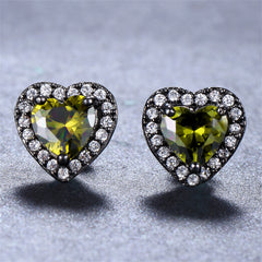 Olive Crystal & Cubic Zirconia Rhodium-Plated Halo Heart Stud Earrings