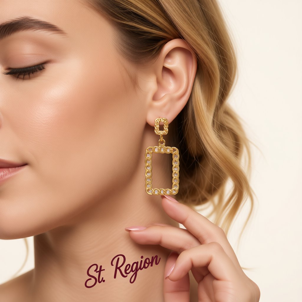 18K Gold-Plated Open Figaro Rectangle Drop Earring, gold drop earrings for women, everyday style, styled look
