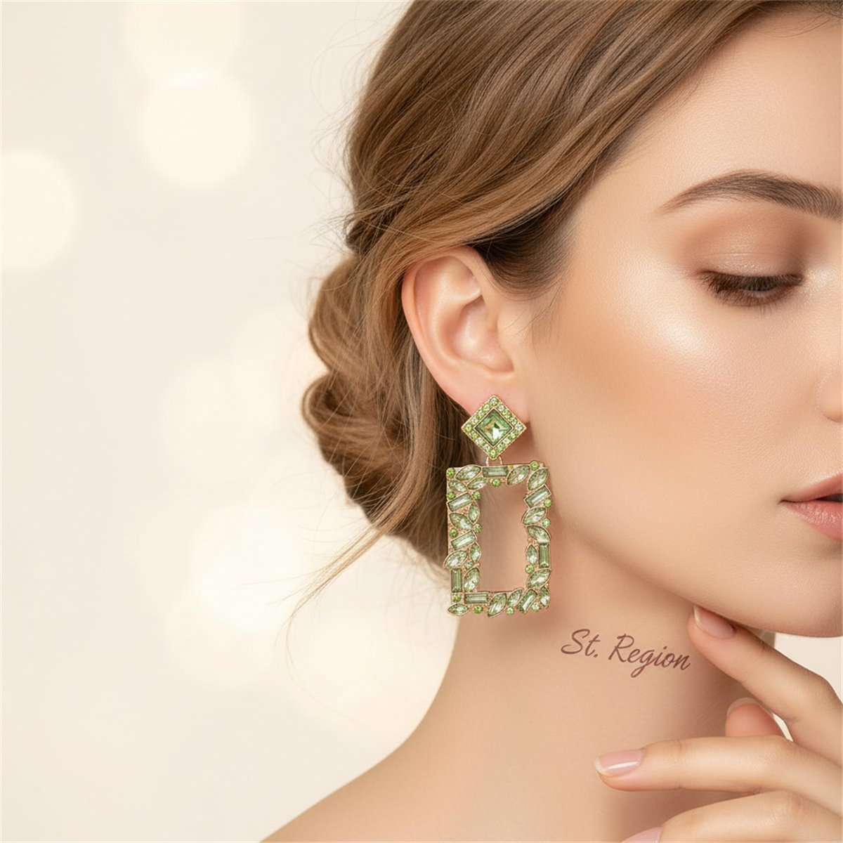 Green Crystal and 18K Gold-Plated Open Rectangle Drop Earrings, gold drop earrings for women, styled look
