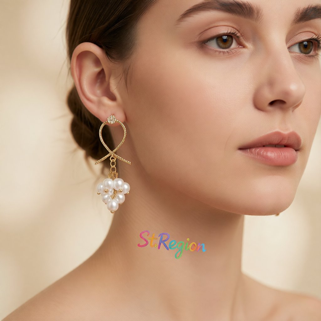 Pearl and Cubic Zirconia 18K Gold-Plated Grape Drop Earrings, gold drop earrings for women, botanical inspired, styled look