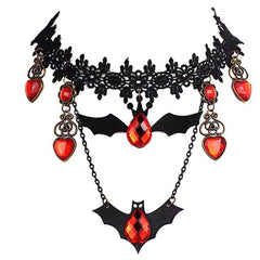 Stylish black and red choker featuring bats and hearts, a perfect accessory for Halloween attire.