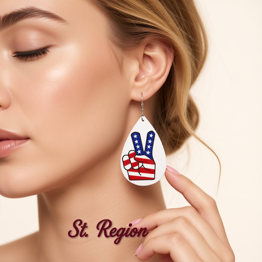 White and Red Polystyrene Patriotic Peace Sign Drop Earrings, drop earrings for women, styled look