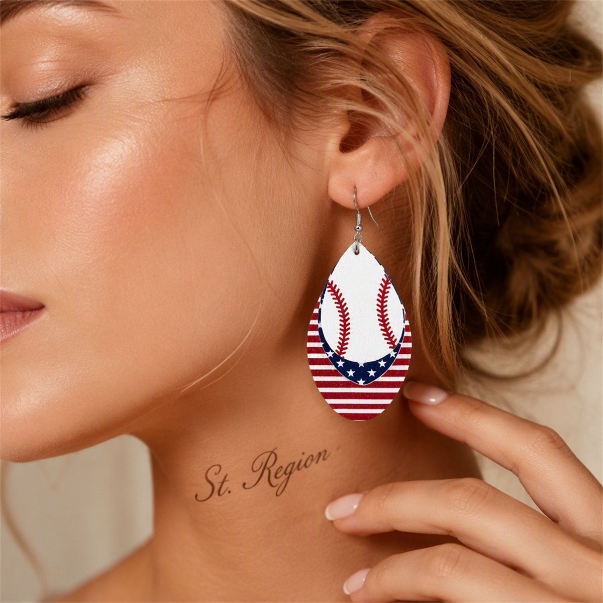 Off-White and Red Polystyrene Patriotic Baseball Triple Drop Earrings, drop earrings for women, everyday style, styled look