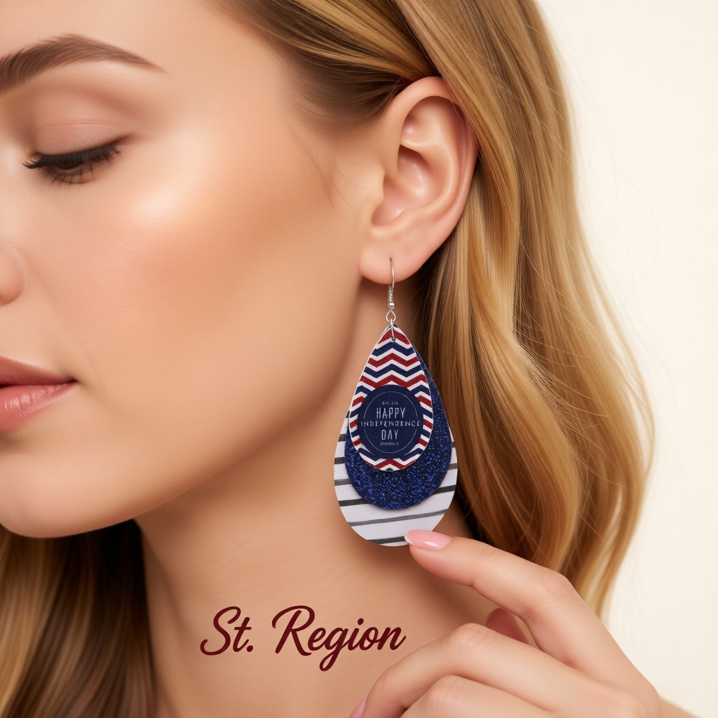 White and Navy Polystyrene Glitter '4Th Of July' Triple Drop Earrings, drop earrings for women, styled look