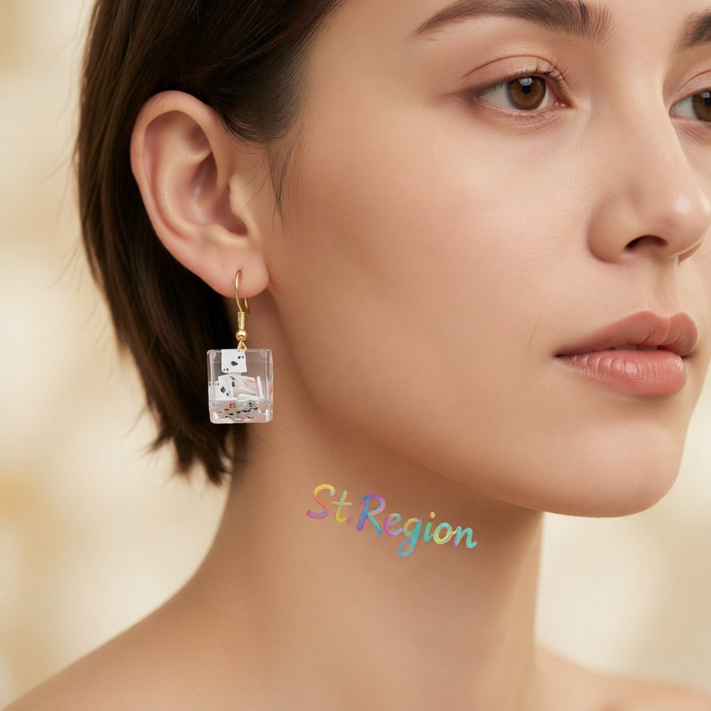 Clear Resin and 18K Gold-Plated Joker Cube Drop Earrings, gold drop earrings for women, everyday style, styled look
