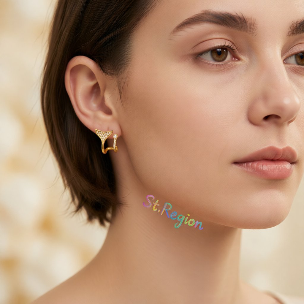 Cubic Zirconia and 18K Gold-Plated Fishtail Stud Earrings, gold stud earrings for women, everyday style, styled look
