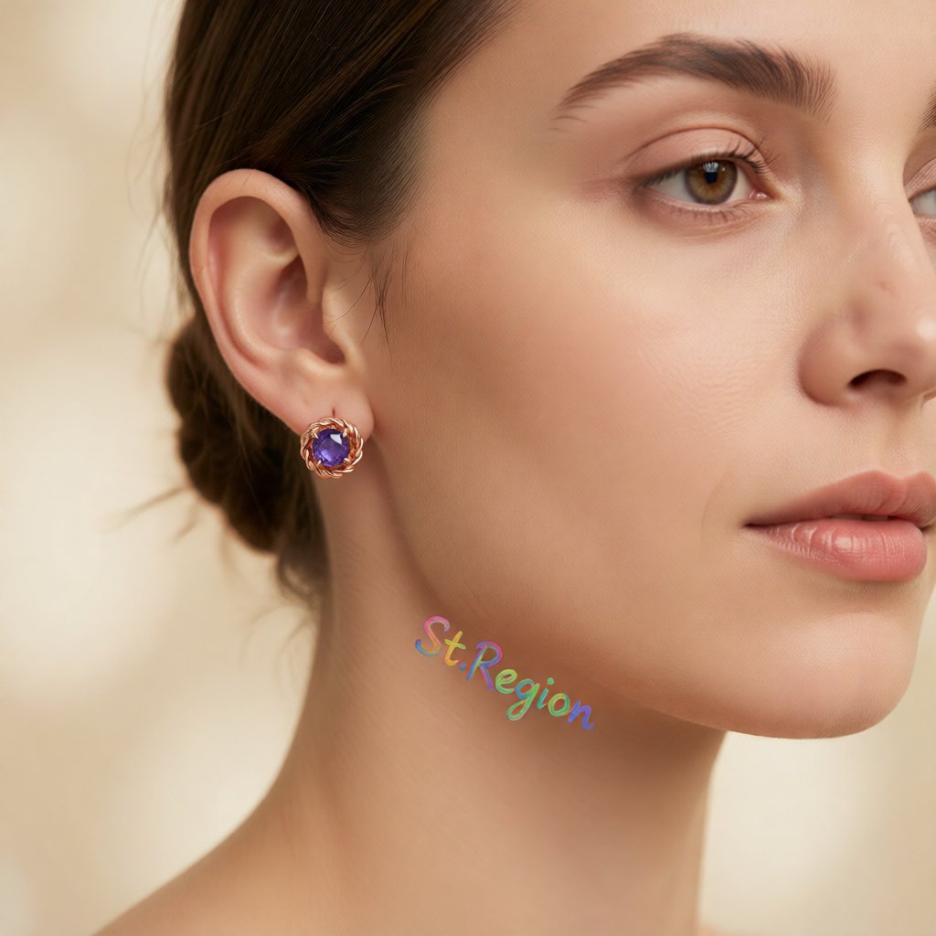 Purple Crystal and 18K Rose Gold-Plated Twist Stud Earrings, cubic zirconia stud earrings for women, styled look