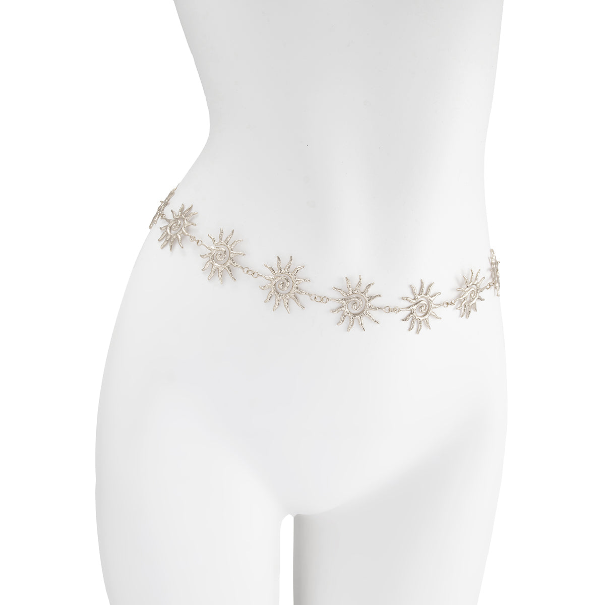 Silvertone Swirl Sun Charm Waist Chain, elegant gift for her, detail close-up