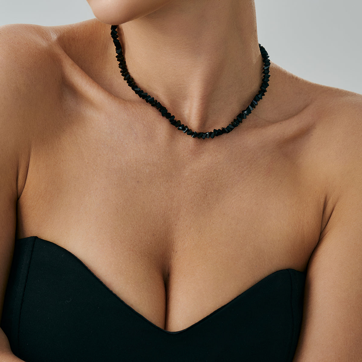 Black Acrylic and Silvertone Beaded Collar Necklace, elegant gift for her, styled look