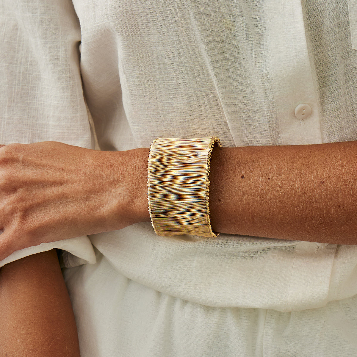 Goldtone Wire Drawing Layered Cuff, gold bracelet for women, vintage-inspired design, styled look