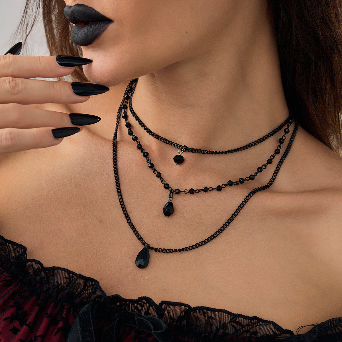 Black Acrylic and Blacktone Beads Chain Drop Pendant Necklace Set, pendant necklace for women, styled look