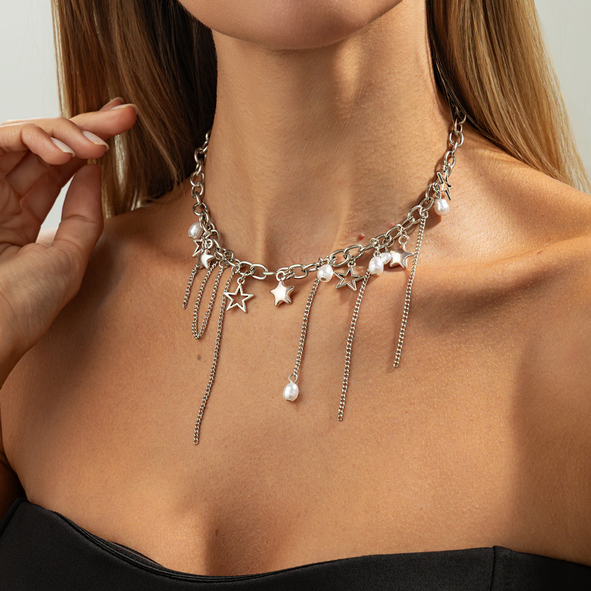 Pearl and Silvertone Star Tassel Collar Necklace, dainty minimalist design, styled look