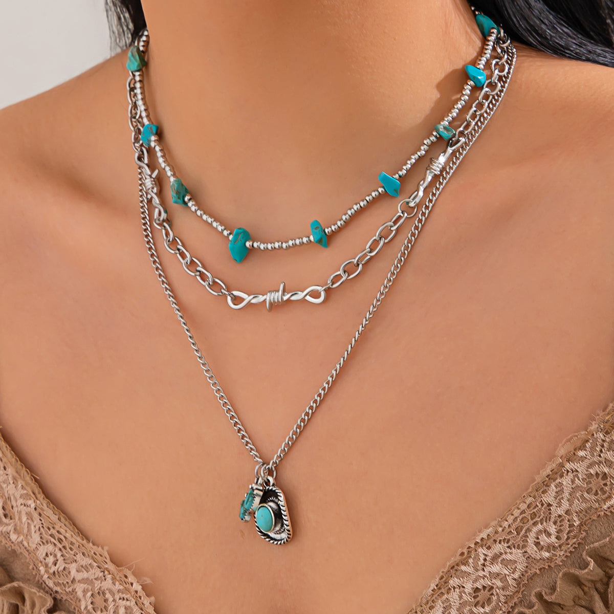 Turqouise and Silvertone Beads Knot Cactus Oval Pendant Necklace Set, silver pendant necklace for women, styled look