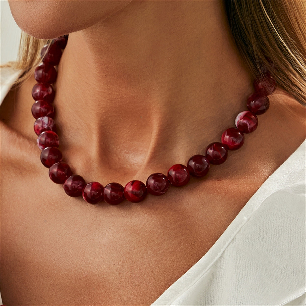Wine Red Resin and Silvertone Beaded Collar Necklace, elegant gift for her, styled look