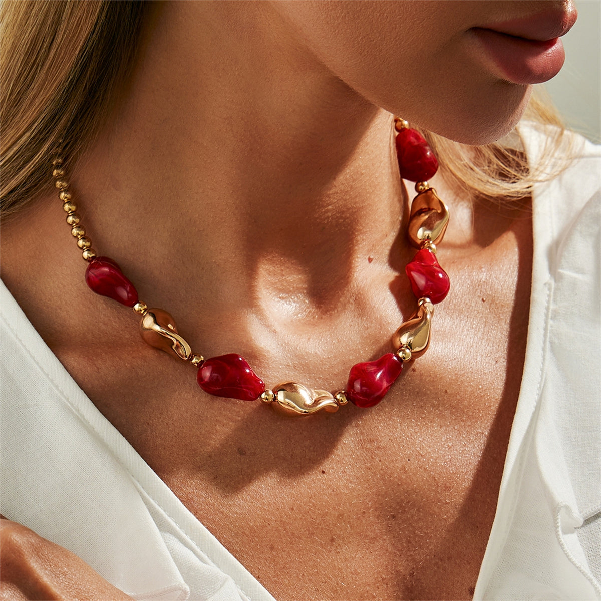 Wine Red Resin and Goldtone Irregular Drop Station Collar Necklace, dainty minimalist design, styled look