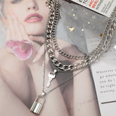 Silver-Plated Key Lock Layered Chain Pendant Necklace