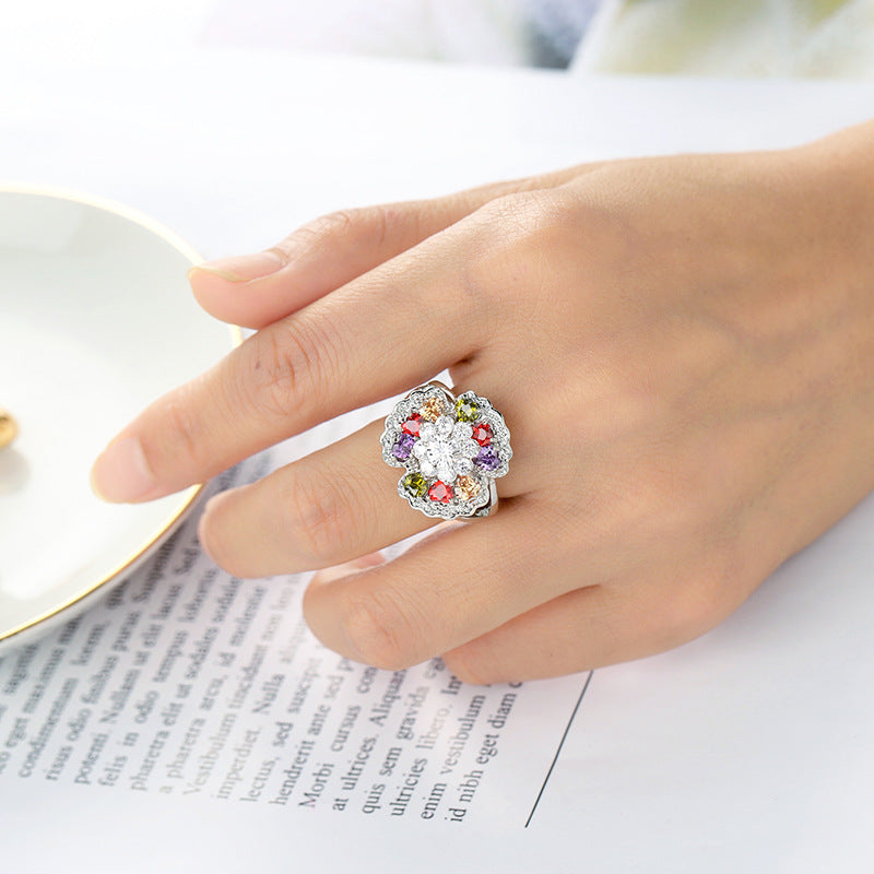 Colorful Cubic Zirconia Ornate Floral Ring, statement rings for women, everyday style, styled look