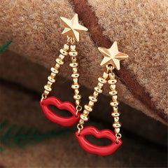 Red Enamel & 18K Gold-Plated Lips Chain Drop Earrings