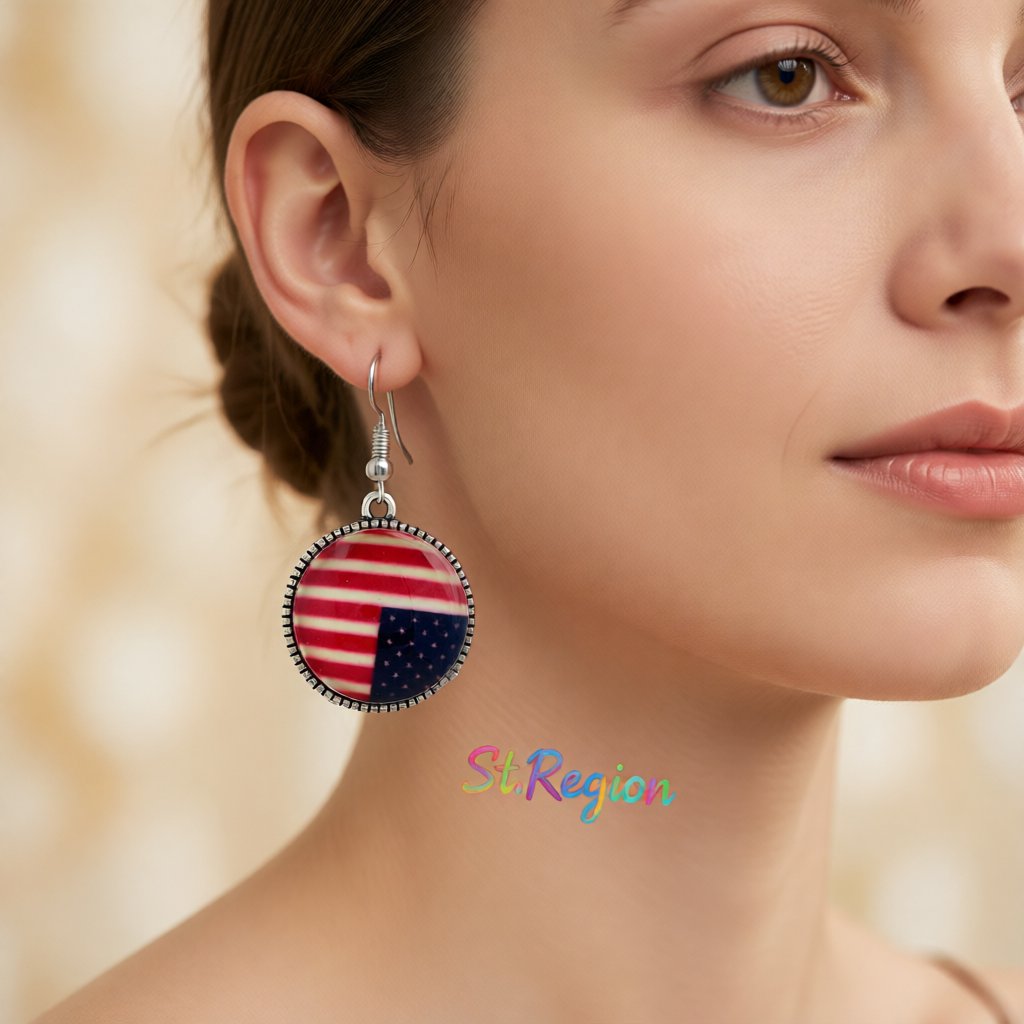 Red Resin and Silver-Plated American Flag Round Drop Earrings, silver drop earrings for women, styled look