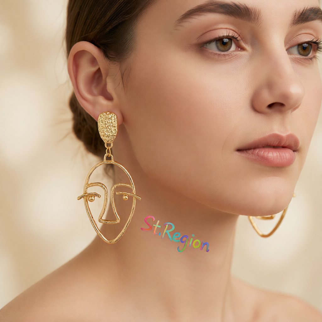 18K Gold-Plated Hollow Face Drop Earrings, gold drop earrings for women, dainty minimalist design, styled look