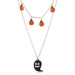 Spooky chic! This 18K gold-plated necklace showcases a ghost and pumpkin pendant, ideal for Halloween lovers