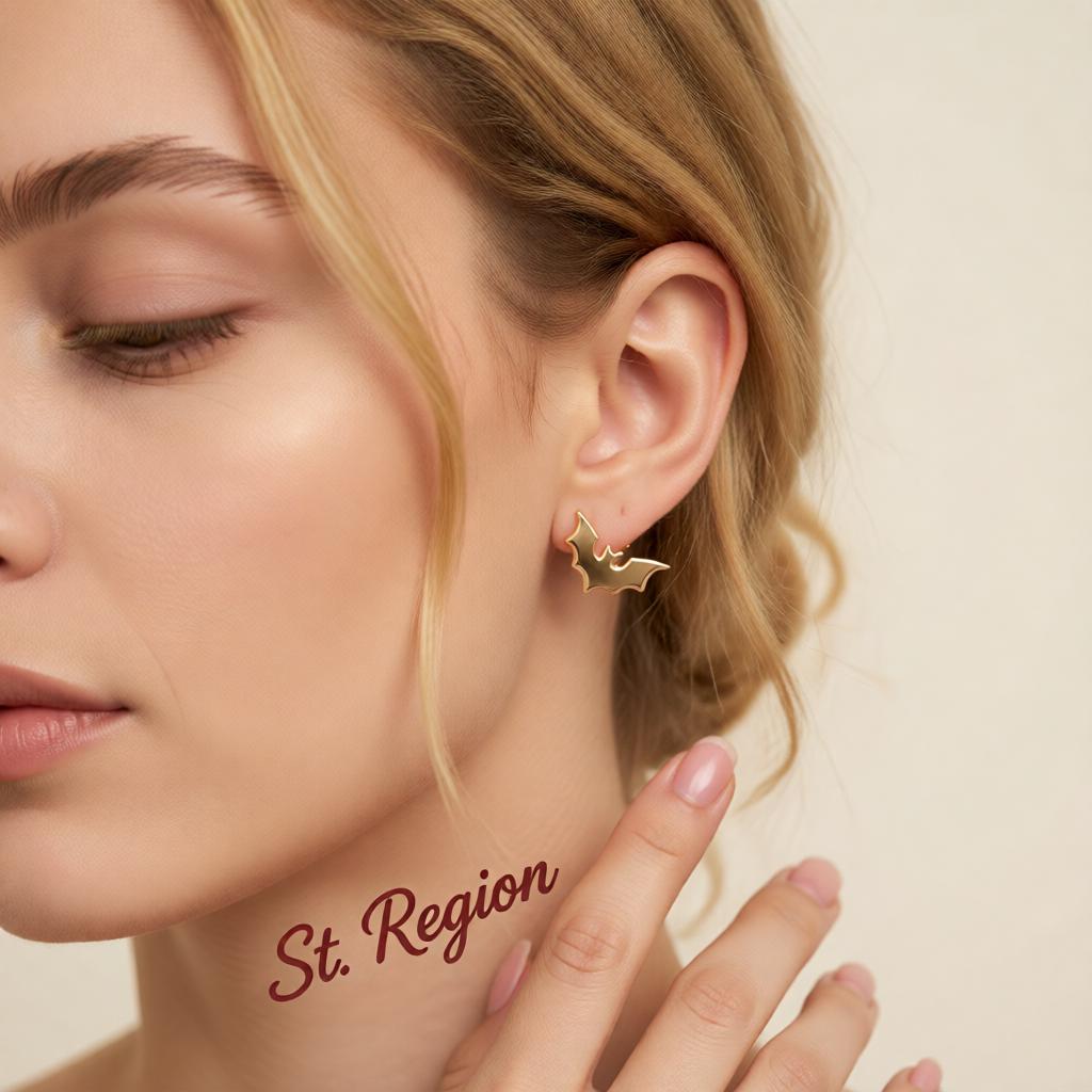 18K Gold-Plated Bat Stud Earrings, cubic zirconia stud earrings for women, botanical inspired, styled look