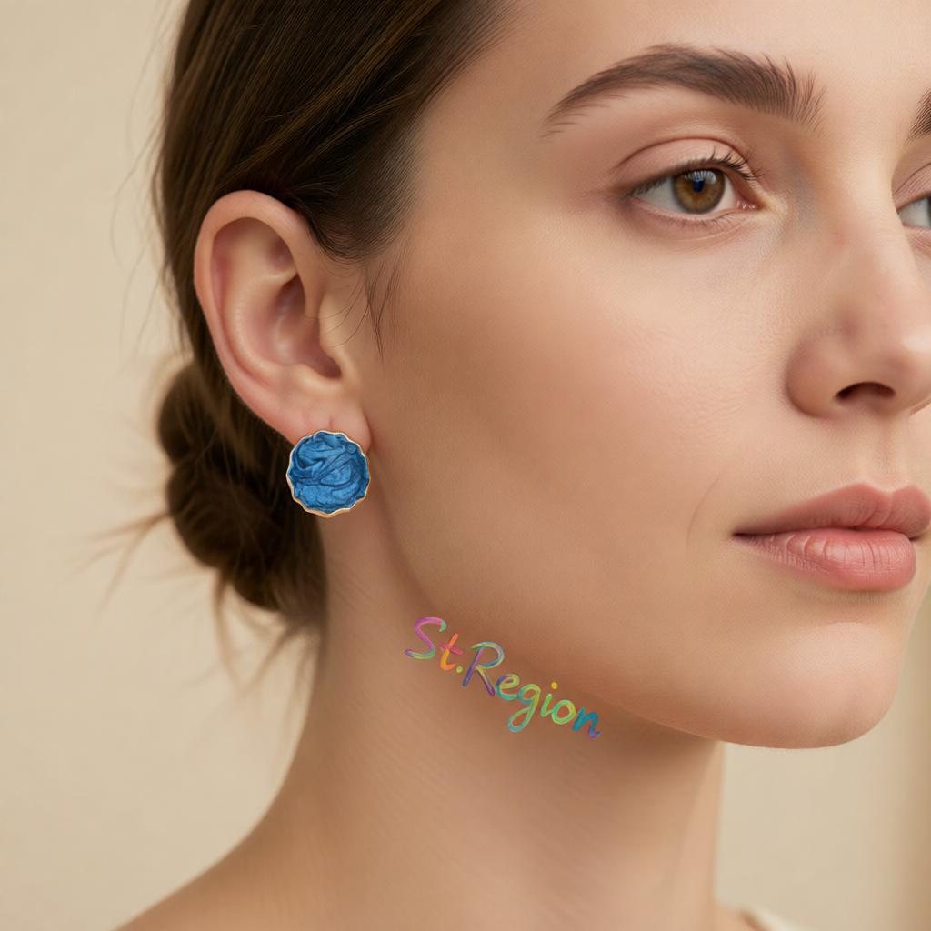 Blue Enamel & 18K Gold-Plated Marbled Stud Earrings