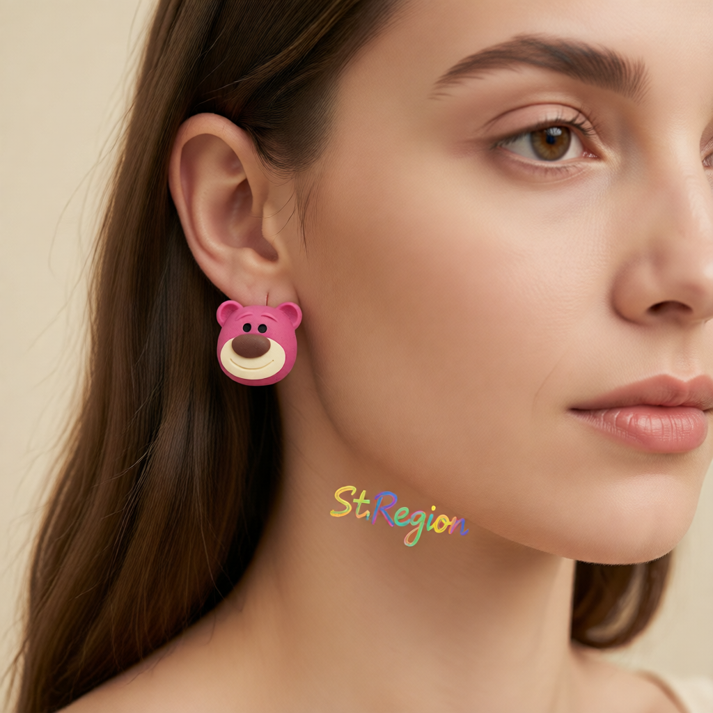 Pink Polymer Clay & Silver-Plated Strawberry Bear Stud Earrings