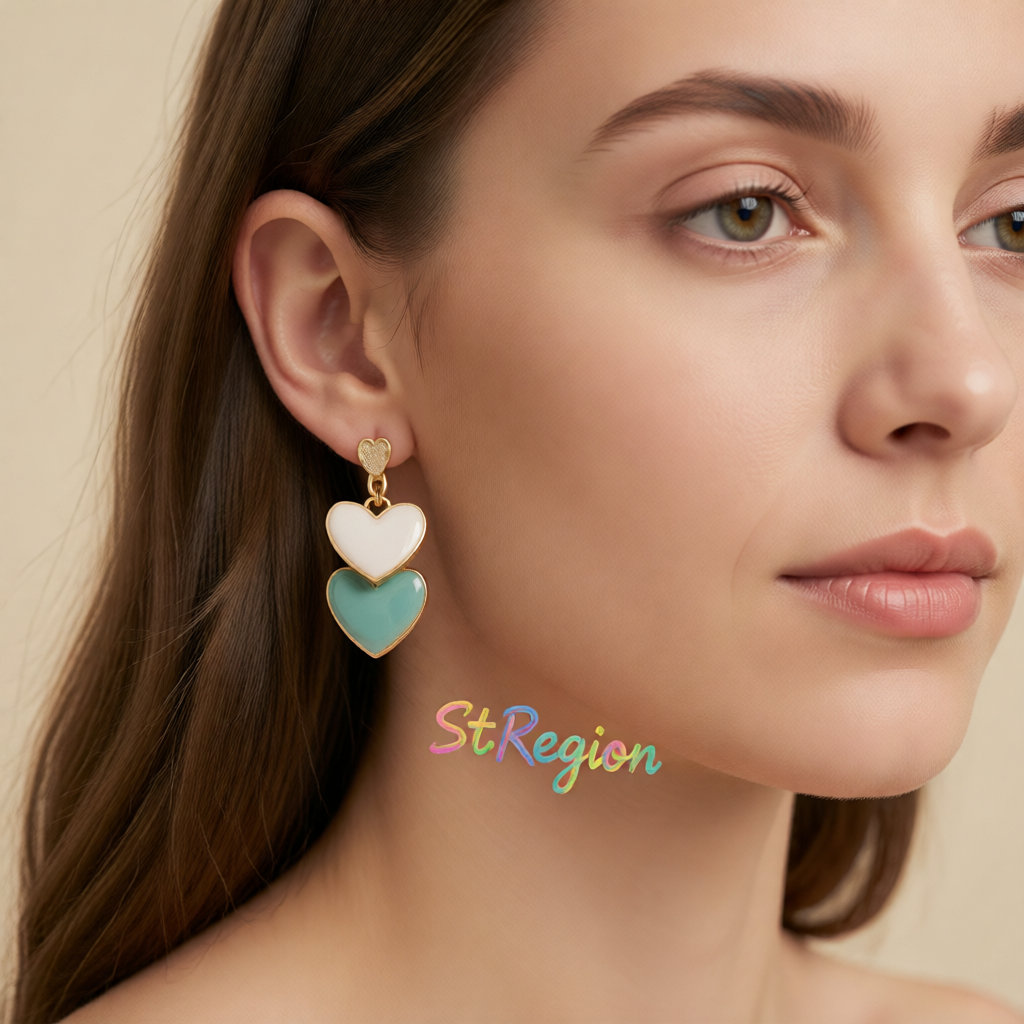 Green Enamel & 18K Gold-Plated Stacked Heart Drop Earrings