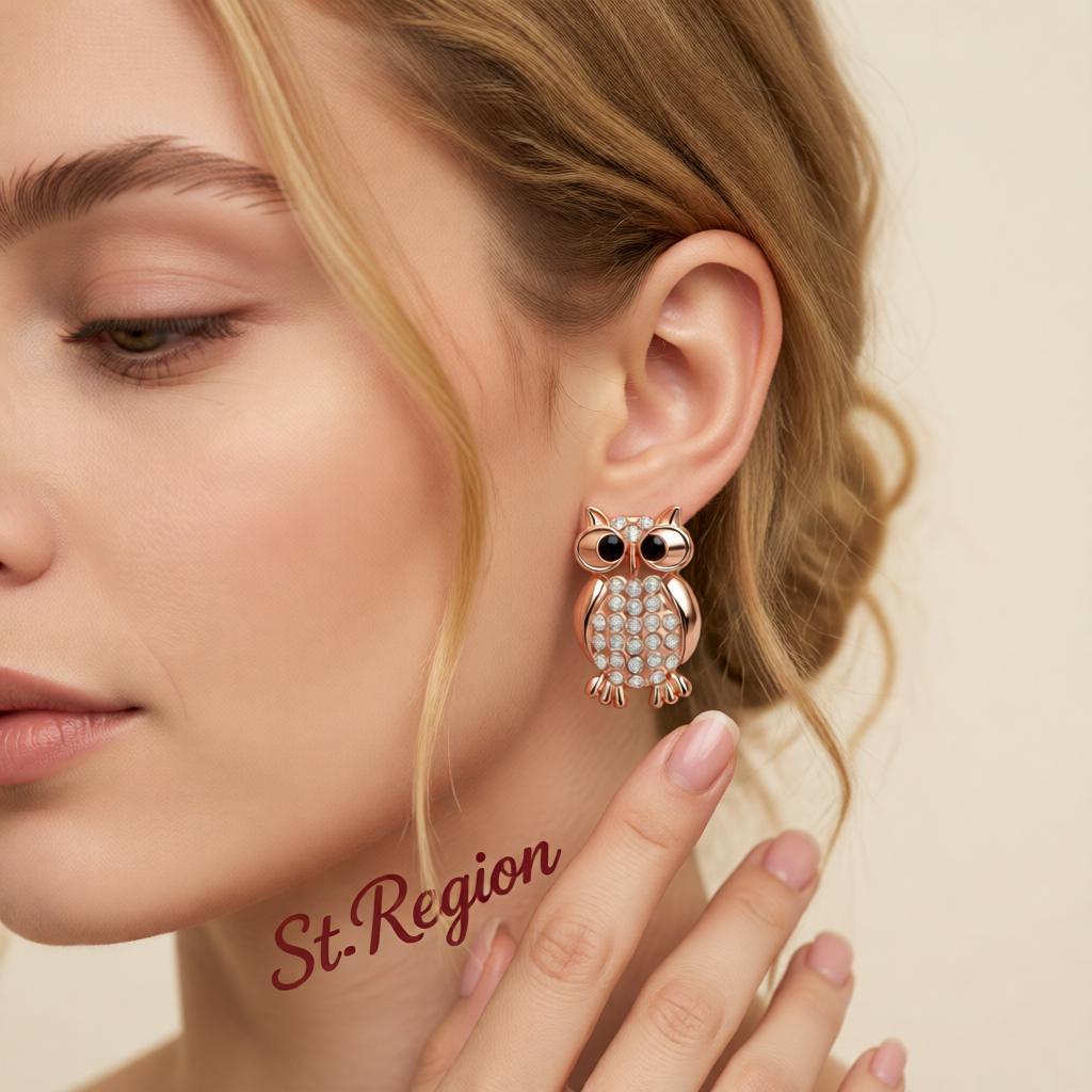 Cubic Zirconia & 18K Rose Gold-Plated Owl Stud Earrings