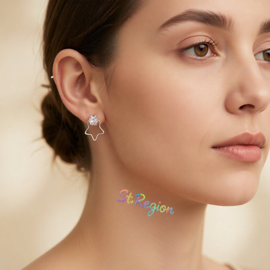 Clear Cubic Zirconia and Silver-Plated Open Star Stud Earrings, silver stud earrings for women, everyday style, styled look