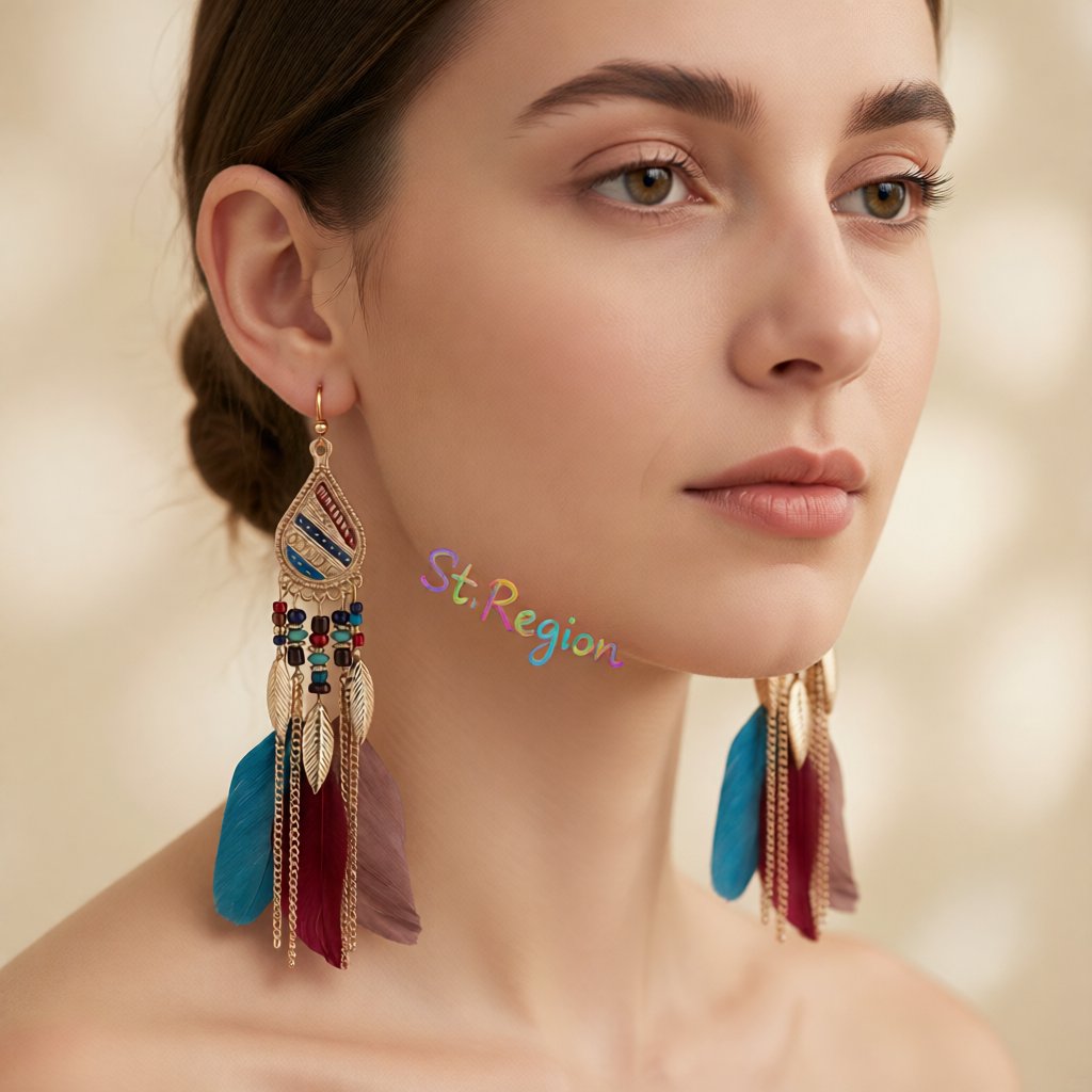 Multicolored Feather and 18K Gold-Plated Feather Drop Earrings, gold drop earrings for women, styled look
