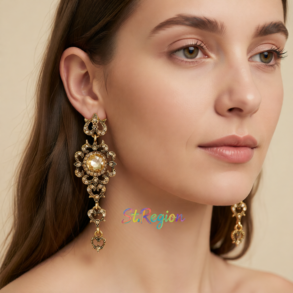 Champagne Crystal & Cubic Zirconia Flower Heart Drop Earrings
