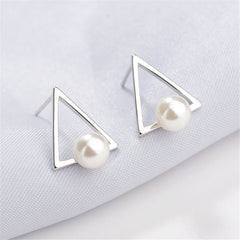 Pearl & Silver-Plated Hollow-Triangle Stud Earrings