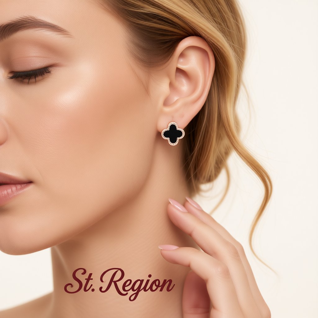 Black and 18K Rose Gold-Plated Clover Stud Earrings, rose gold stud earrings for women, vintage-inspired design, styled look