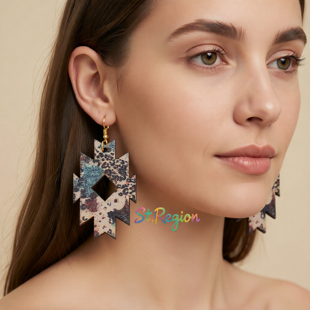 Brown Wood & 18K Gold-Plated Leopard Print Geometric Drop Earrings