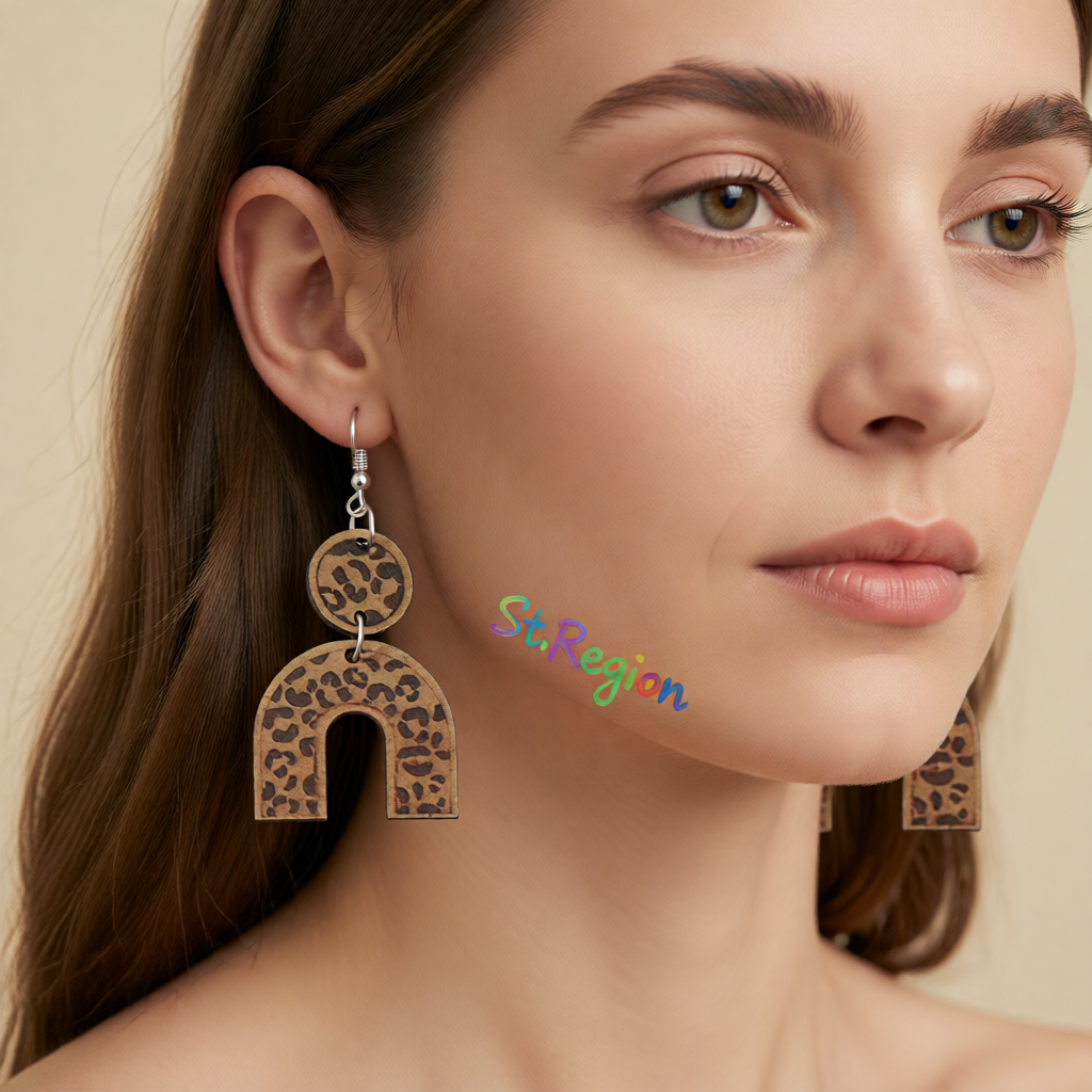 Brown Wood & Silver-Plated Leopard U-Shape Drop Earrings